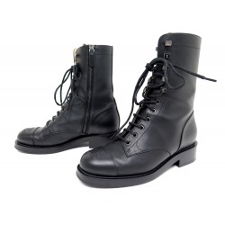 CHAUSSURES CHANEL BOTTINES COMBAT BOOTS G34953 37 RANGERS CUIR NOIR SHOES 1800€