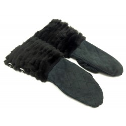 GANTS CHANEL MOUFLES DAIM MATELASSE FOURRURE LAPIN ORYLAG NOIR FUR GLOVES 1300€