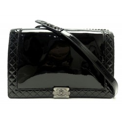 NEUF SAC A MAIN CHANEL BOY MAXI JUMBO EN CUIR VERNIS NOIR BANDOULIERE BAG 10000€