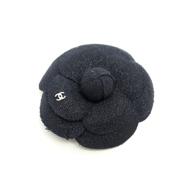 NEUF BROCHE CHANEL CAMELIA EN TWEED LOGO CC 9CM BLEU MARIN NAVY BLUE BROOCH 690€