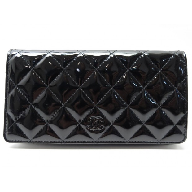 NEUF PORTEFEUILLE CHANEL LONG LOGO CC EN CUIR MATELASSE VERNIS NOIR WALLET 1100€