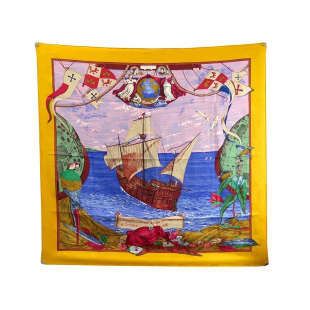 FOULARD HERMES CHRISTOPHE COLOMB DECOUVRE L'AMERIQUE CARRE EN SOIE BROCHEE 495€