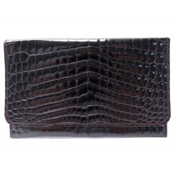 NEUF POCHETTE HERMES ENVELOPPE EN CUIR D' ALLIGATOR CROCODILE MARRON POUCH