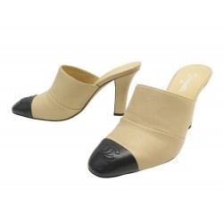 CHAUSSURES CHANEL MULES A TALONS LOGO CC G32858 38 CUIR BEIGE SANDALE SHOE 1200€