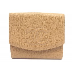 VINTAGE PORTEFEUILLE CHANEL LOGO CC CUIR CAVIAR BEIGE PORTE MONNAIE WALLET 890€