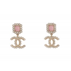 NEUF BOUCLES D'OREILLES CHANEL PENDANTES LOGO CC STRASS PIERRE ROSE EARRING 750€