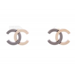 BOUCLES D'OREILLES CHANEL LOGO CC BICOLORE PUCES METAL NOIR & DORE EARRING 650€