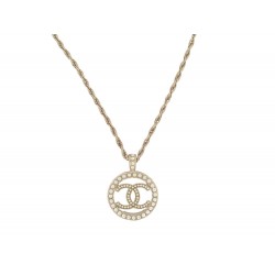 NEUF COLLIER CHANEL PENDENTIF LOGO CC STRASS EN METAL DORE 60/63 NECKLACE 1200€