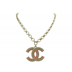 NEUF COLLIER CHANEL LOGO CC STRASS MULTICOLORE 80-84 METAL DORE NECKLACE 1900€