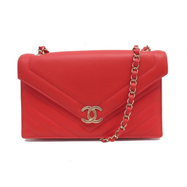 NEUF SAC A MAIN CHANEL ENVELOPPE CUIR CHEVRON ROUGE BANDOULIERE HAND BAG 5500€