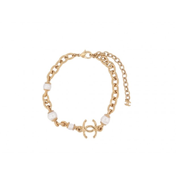 NEUF COLLIER CHANEL CHOKER LOGO CC PERLES 30-40 CM EN METAL DORE NECKLACE 1530€