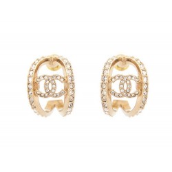 NEUF BOUCLES D'OREILLES CHANEL LOGO CC & STRASS METAL DORE NEW EARRING 850€