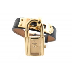 MONTRE HERMES KELLY PM PLAQUEE OR BRACELET EN CUIR NOIR + SAC GOLD WATCH 2350€