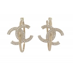 NEUF BOUCLES D'OREILLES CHANEL CREOLES LOGO CC & STRASS 2022 LOOP METAL EARRINGS