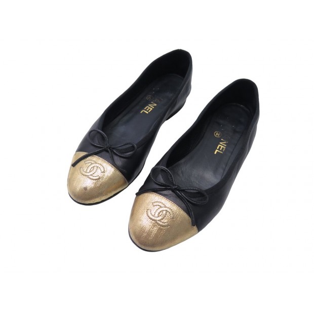 CHAUSSURES CHANEL BALLERINES LOGO CC G02819 37 BICOLORE NOIR DORE SHOES 960€