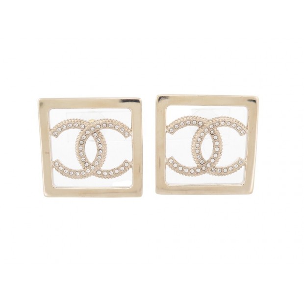 NEUF BOUCLES D'OREILLES CHANEL PENDANTES LOGO CC CARRE STRASS NEW EARRINGS 1090€