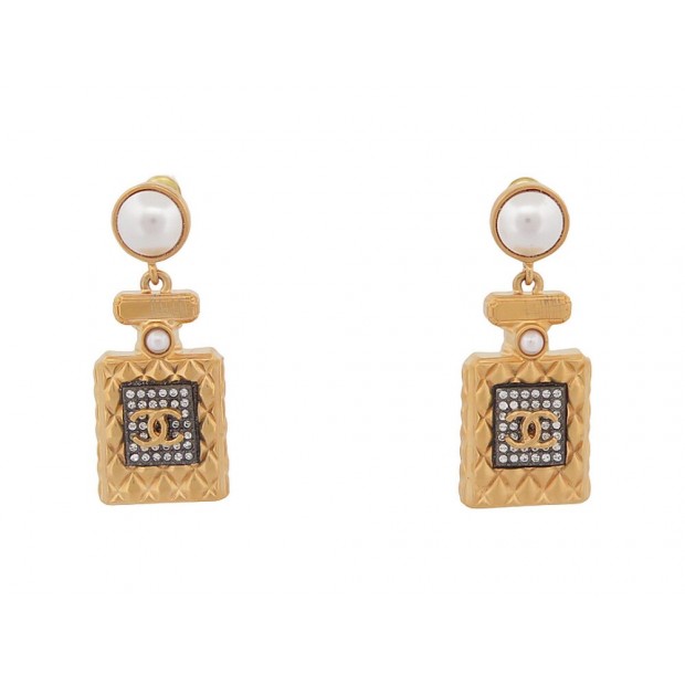 NEUF BOUCLES D'OREILLES CHANEL BOUTEILLE DE PARFUM NUMERO 5 DORE EARRINGS 1040€