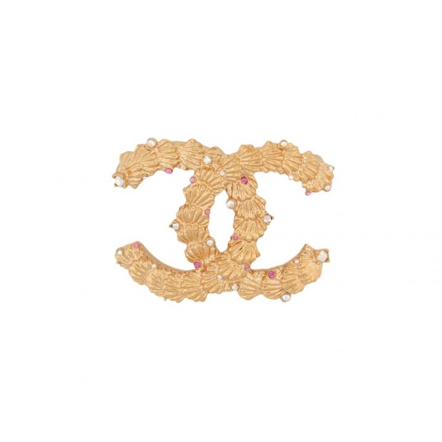 NEUF BROCHE CHANEL LOGO CC PERLES STRASS MULTICOLORES EN METAL DORE BROOCH 750€