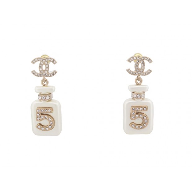 NEUF BOUCLES D'OREILLES CHANEL BOUTEILLE DE PARFUM NUMERO 5 DORE EARRINGS 1040€