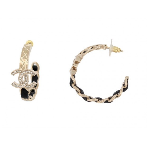 NEUF BOUCLES D'OREILLES CHANEL CREOLES LOGO CC & CUIR ENTRELACE EARRINGS 1190€