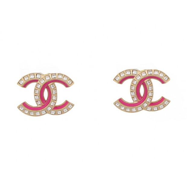 NEUF BOUCLES D'OREILLES CHANEL PUCES LOGO CC STRASS & EMAIL ROSE EARRINGS 700€