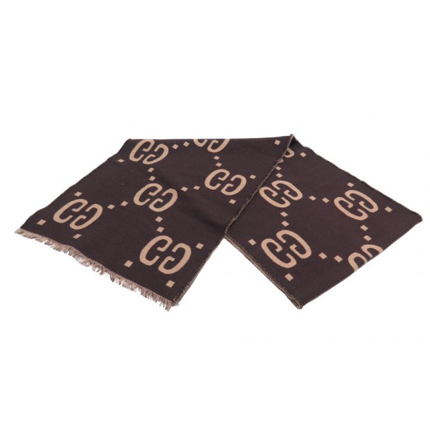 ECHARPE GUCCI FOULARD EN JACQUARD DE LAINE SOIE GG MONOGRAMME MARRON SCARF 450€