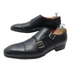 CHAUSSURES SANTONI MOCASSINS BI BOUCLES 14549 7 42 CUIR NOIR LOAFERS SHOES 950€