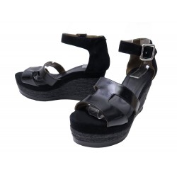 CHAUSSURES HERMES ILANA SANDALES TALONS COMPENSEES 38 DAIM CUIR NOIR SHOES 770€