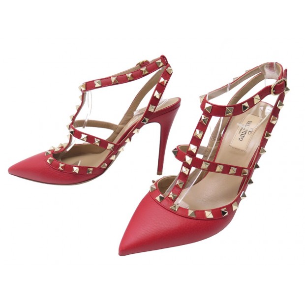 NEUF CHAUSSURES VALENTINO ESCARPINS ROCKSTUD 39 EN CUIR GRAINE ROUGE SHOES 950€