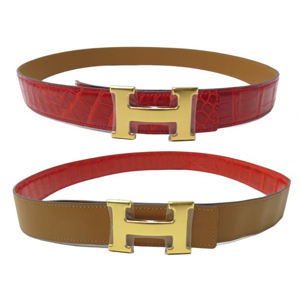 NEUF CEINTURE HERMES T85 BOUCLE H REVERSIBLE CUIR DE CROCODILE & BOX BELT 4360€