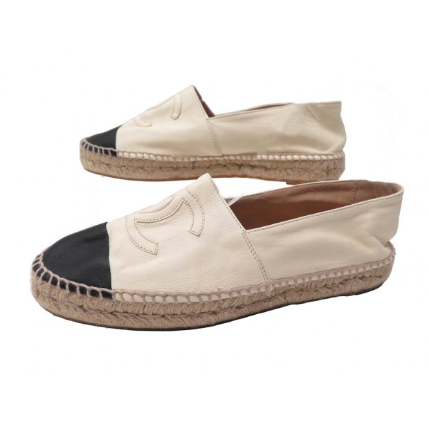 NEUF CHAUSSURES CHANEL ESPADRILLES LOGO CC G29762 39 CUIR BICOLORE + POCHON 790€