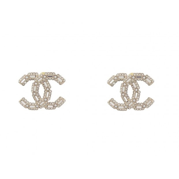 NEUF BOUCLES D'OREILLES CHANEL PUCES LOGO CC STRASS & PERLES DORE EARRINGS 650€