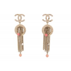 BOUCLES D'OREILLES CHANEL 2021 PENDANTES LOGO CC CHAINES STRASS EARRINGS 1080€