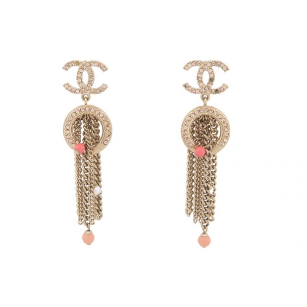 BOUCLES D'OREILLES CHANEL 2021 PENDANTES LOGO CC CHAINES STRASS EARRINGS 1080€