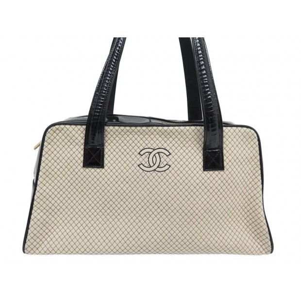 SAC A MAIN CHANEL BOWLING LOGO CC CUIR VERNIS ET TOILE MATELASSE HANDBAG 5000€