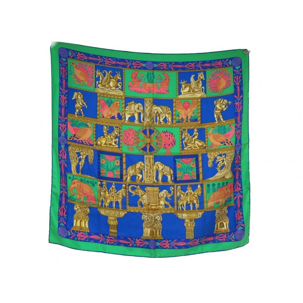 FOULARD HERMES TORANA CARRE 90 CM ANNIE FAIVRE SOIE VERTE BLEU SILK SCARF 495€