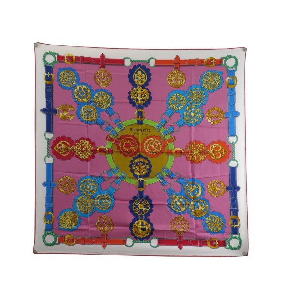 FOULARD HERMES CUIVRERIES DE LA PERRIERE CARRE 90 CM SOIE BLANC SILK SCARF 495€