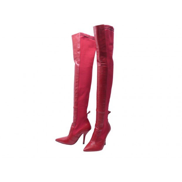 NEUF BOTTES FENDI CUISSARDES ROCKOKO CUIR TOILE ROUGE 40 NEW CANVAS BOOTS 1300€