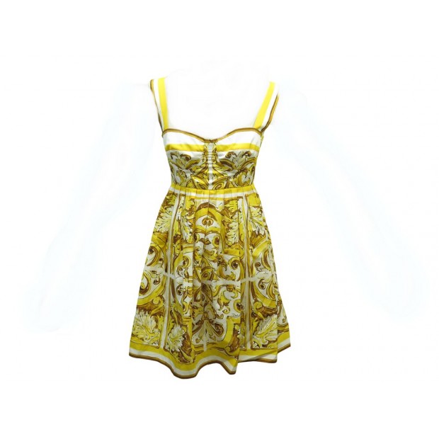 NEUF ROBE DOLCE & GABBANA BUSTIER COURTE IMPRIME MAJOLIQUES JAUNE DRESS 1550€