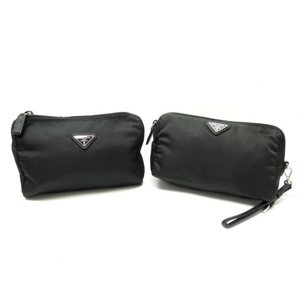 LOT 2 POCHETTES PRADA TOILE RE-NYLON TROUSSES NOIRES CANVAS POUCH CLUTCH 1100€