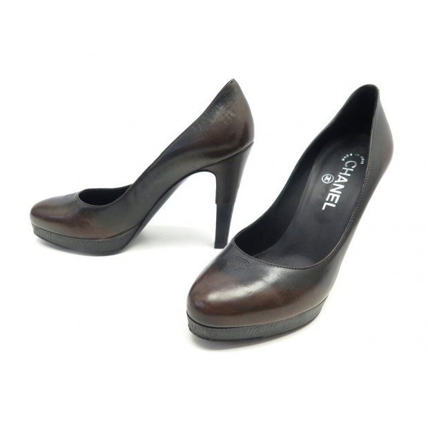 CHAUSSURES CHANEL ESCARPINS G27499 CUIR PATINE MARRON NOIR 38 PUMPS SHOES 1150€