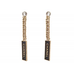 NEUF BOUCLES D'OREILLES CHANEL PENDANTES STRASS CHAINE METAL DORE EARRINGS 650€