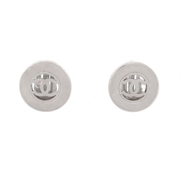 VINTAGE BOUCLES D'OREILLES CHANEL PUCES LOGO CC 1996 METAL ARGENTE EARRINGS 650€