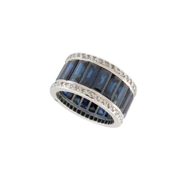 BAGUE BANDEAU 20 SAPHIRS 13CT BAGUETTE EN OR BLANC 18K 100 DIAMANTS 51 GOLD RING