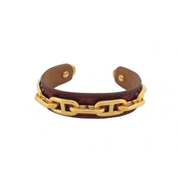 BRACELET HERMES MAILLONS CHAINE D'ANCRE 19.5 CUIR CROCODILE MARRON BANGLE 650€