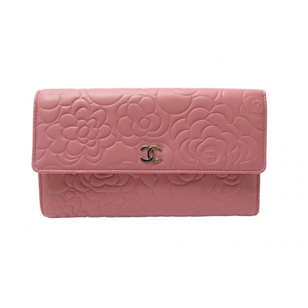 NEUF PORTEFEUILLE CHANEL CAMELIA LONG CUIR ROSE PORTE MONNAIE CART WALLET 1030€