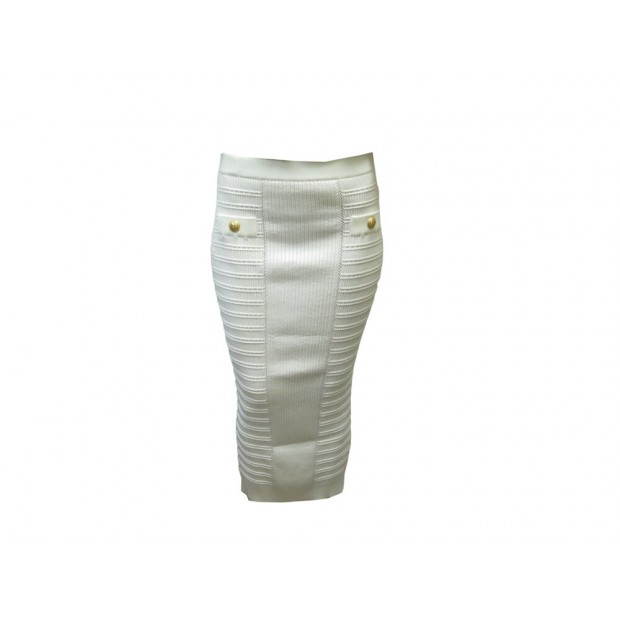 NEUF JUPE BALMAIN LONGUE LD022KE10 XS 34 SYNTHETIQUE BLANC CREME NEW SKIRT 826€