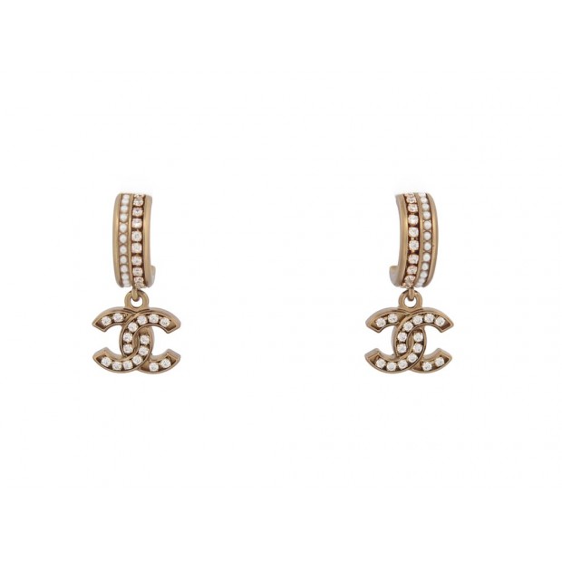 NEUF BOUCLES D'OREILLES CHANEL PENDANTES LOGO CC & STRASS METAL EARRINGS 720€