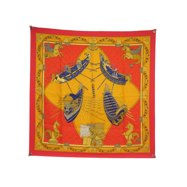 FOULARD HERMES LES BISSONE DE VENISE ANNIE FAIVRE CARRE 90 SOIE ROUGE SCARF 495€