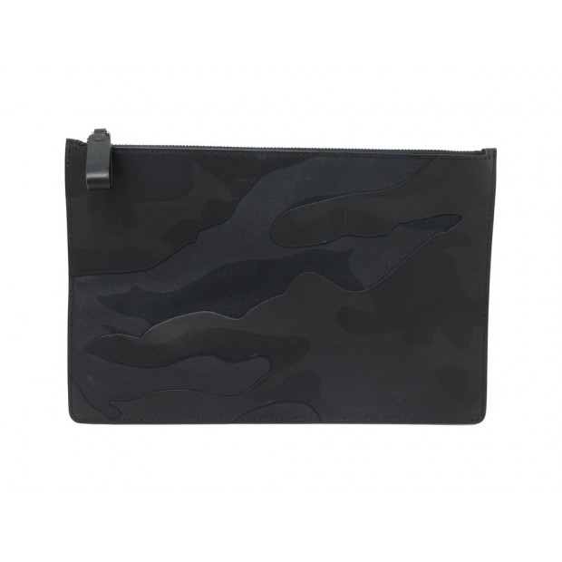 NEUF POCHETTE VALENTINO CAMOUFLAGE EN CUIR NOIR NEW LEATHER POUCH CLUTCH 520€